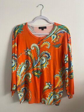 Joseph A. Orange Paisley Button-Front Long Sleeve Cardigan Sweater Size L